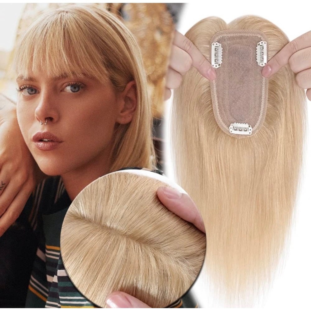 MY-LADY Human Hair Topper with Bangs 12 Inch Remy Silk Base Natural Blonde 150%